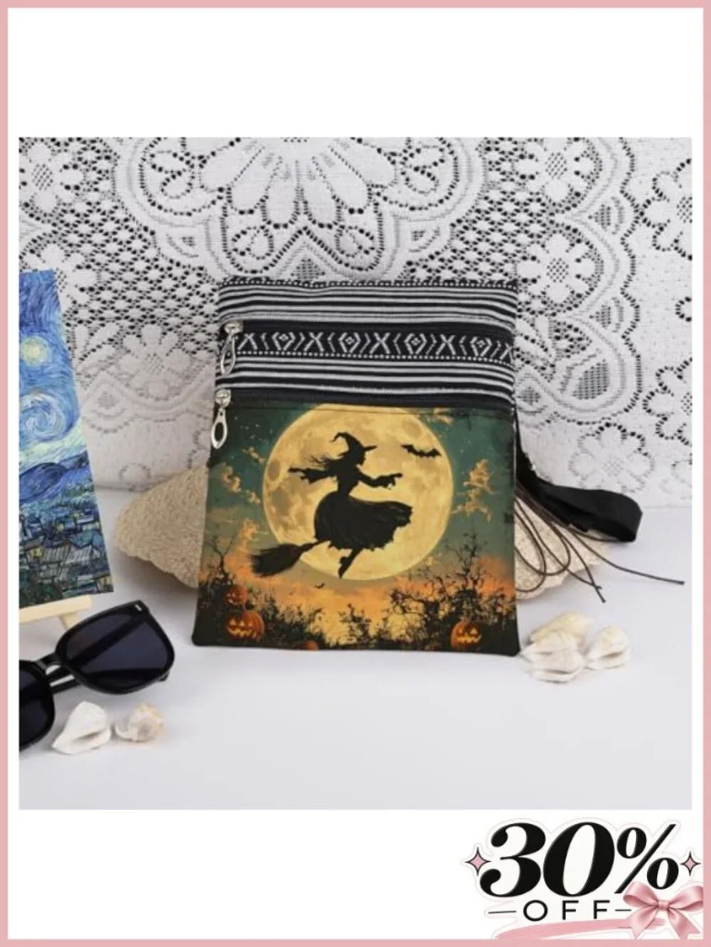 Halloween Witch Crossbody Bag Polyester Adjustable Strap Lightweight Purse